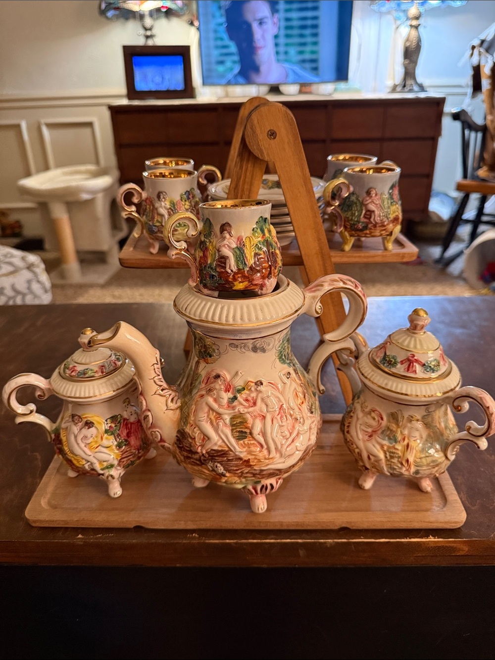 Capodimonte Coffee or Chocolate Set sugar creamer tea pot 5 cups 5 saucer set 17
